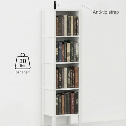 4-Tier Narrow Bookshelf for Small Spaces, Modern 4 Cube Bookcase, 14.2 x 11.2 x 52 Inches, Skinny Storage Shelving Unit, Open Display Rack for Bedroom, Living Room, Home Office,Corner (White)