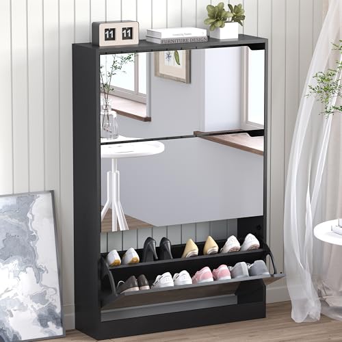 BORNOON Shoe Cabinet with 3-Flip Mirror Drawers, Freestanding Shoe Rack Organizer with Hidden Handle, Slim Narrow Shoe Storage Cabinet for Entryway, Entrance, Hallway, Bedroom - color: Black, size: 3 Drawers-Mirror