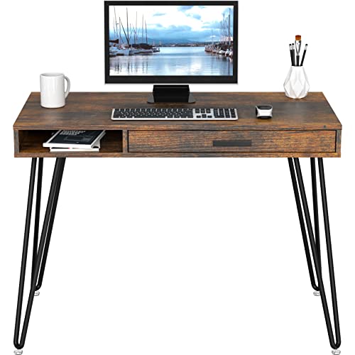 SHW Home Office Computer Hairpin Leg Desk with Drawer, Rustic Brown - color: Rustic Brown