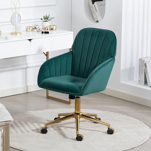 Velvet Make Up Vanity Chair with Wheels and Gold Base 330 Lbs - Green | Home office Chair, Study Chair, Teacher Chair, Cute Chair, Height Adjustable Swivel Desk Chair, for Living Room Study Room - color: Green