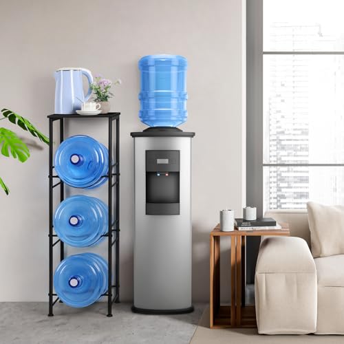 OYEAL Water Jug Holder Stand 5 Gallon Water Bottle Holder Organizer with Shelf, Heavy Duty 3 Tier Water Bottle Storage Rack for Kitchen, Office, Living Room, Black - style: Round Tube Black