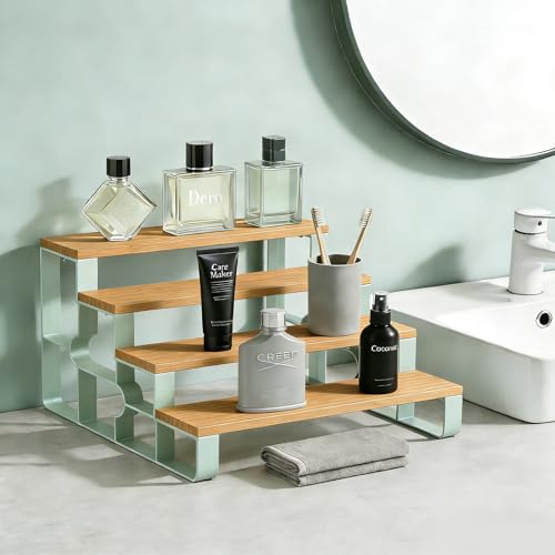 Countertop Perfume Organizer, Cologne Stand for Perfume Bottles, 4-Tier | Practical Water-resistant Bamboo Bathroom Makeup Essentials, Space Saving, Wipe Clean, Simple Assembly,Mengbu(W=14.2”) - size: 4 Tier