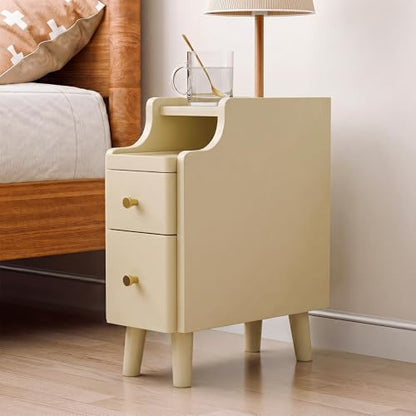 Nightstand, Pre-Assembled, 19.7“H Solid Wood Narrow Night Stand with 2 Drawers, Open Sliding Shelf, Mid Century Modern Small Bedside Table for Bedroom, Cream 8" - color: Cream, size: 8"
