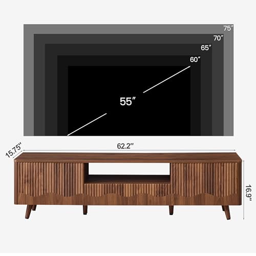 BERRYMERRY Walnut 62.2” Fluted Wave TV Stand for TVs up to 75” | drawer,open shelf,cabinet,round corner,entertainment center,tv console,cable manage,wood