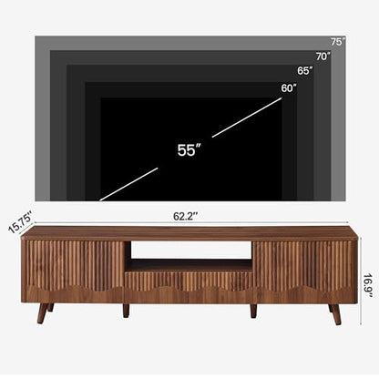 BERRYMERRY Walnut 62.2” Fluted Wave TV Stand for TVs up to 75” | drawer,open shelf,cabinet,round corner,entertainment center,tv console,cable manage,wood