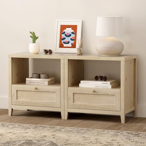 Modern Nightstands Set of 2, Farmhouse End Side Table with Drawer Freestanding Wide Bedside Table for Living Room Bedroom Sofa, Light Oak - color: 1 Drawer/Light Oak, size: 2PCS