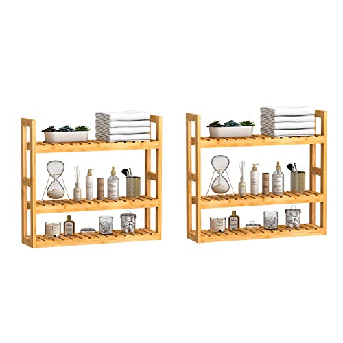 Domax Bathroom Wall Shelf - Over Toilet 3 Tier Storage Rack Adjustable Layer Multifunctional Utility Wall Mounted Towel Shelves Living Room Kitchen (Bamboo-Pack of 2) - color: Bamboo-pack of 2