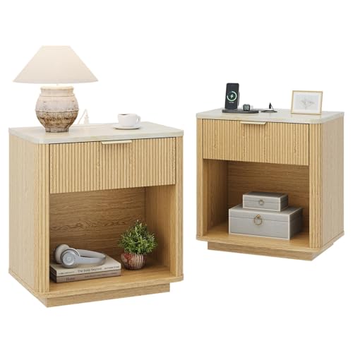 Fluted Nightstand Set of 2, Bedside Table with Faux Marble-Top, Modern Nightstand with Charging Station, Drawers and Open Shelf, Curved Corners, Modern Night Stand for Bedroom, Natural Oak - size: 2 PACK
