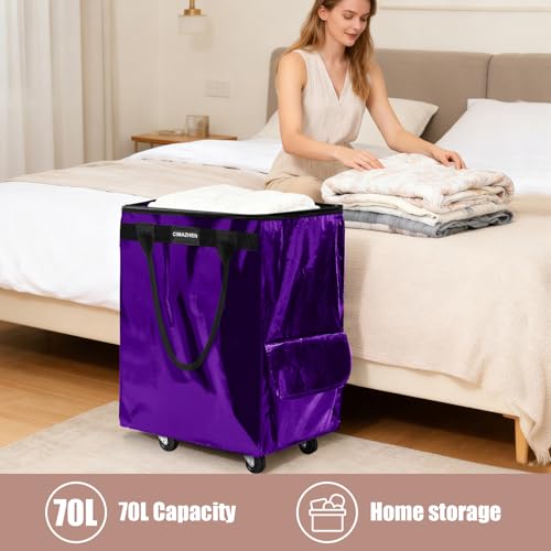 Reusable Grocery Bag Tote Bag with Wheels, Foldable Rolling Tote Bag with 3 Handles and Zipper - color: Purple, size: Medium