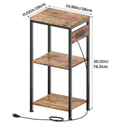 Side Table with Charging Station, Nightstand with USB Ports and Outlets, Tall Side Table with 3 Storage Shelves, Small Entry Table for Living Room, Bedroom, Sofa Couch, Hallway, Office, Rustic Brown - color: Rustic Brown, style: With Outlet