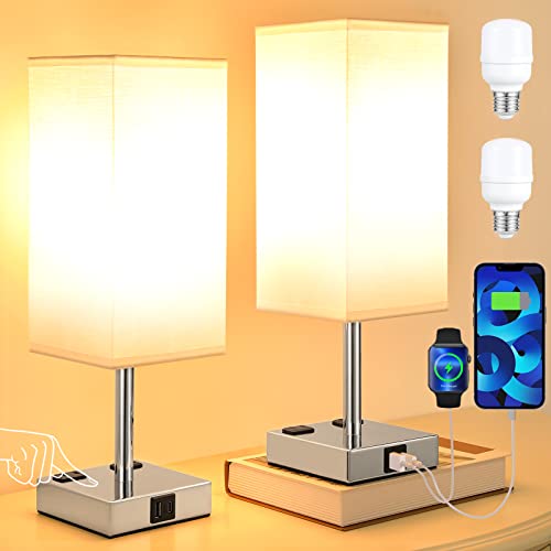 Touch Table Lamps Set of 2 for Bedroom - Dimmable, USB C+A, 2 AC Outlets | 3-Way Dimming, 3000K LED Bulbs Included, Square White Lampshade Silver Base, Small Bedside Lamp for Nightstand, Desk, Dorm - color: White-Silver