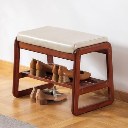 SOBIBO Solid Wood Shoe Bench, 2-Tier Wooden Entryway Bench, Modern Shoe Rack with Faux Leather Cushion for Hallway, Living Room (Gray, 21.65'') - color: Beige, size: 21.65 inches