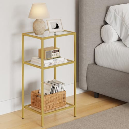 Gold Side Tables Set of 2, Tempered Glass End Table, Gold Nightstand | 3-Tier Small Nightstands with Storage Shelves,Tall Table Stand for Home Decor, Living Room, Bedroom, Office, Gold（2 pack） - size: 2 Pack