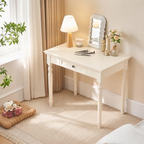 White Writing Desks with Drawers, 35" French Country Style | Solid Wood Farmhouse Computer Desk for Home Office, Living Room Study or Workspace - color: White, size: 35 inches