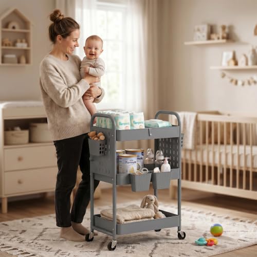 danpinera 3 Tier Rolling Cart with Retractable Dividers, Multi-Functional White Rolling Utility Cart with Pegboards, Hooks & Hanging Cups for Nursery, Living Room, Studio - color: Gray