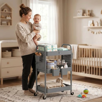 danpinera 3 Tier Rolling Cart with Retractable Dividers, Multi-Functional White Rolling Utility Cart with Pegboards, Hooks & Hanging Cups for Nursery, Living Room, Studio - color: Gray