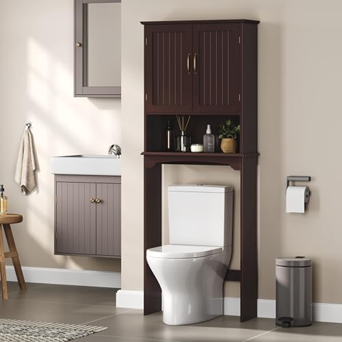 Yaheetech Over The Toilet Storage with 2 Doors & Adjustable Shelf, Free Standing Toilet Rack Wooden Space-saving Collect Cabinet, Bathroom Furniture, 9Dx24.5Wx66H Inches, Espresso - color: Espresso