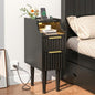 Fluted Narrow Nightstand with Charging Station, Solid Wood Night Stand with 2 Drawers, Black Mid Century Modern Led Nightstand, Small Beside Table with Open Storage Shelf for Bedroom （10 inch） - color: Black