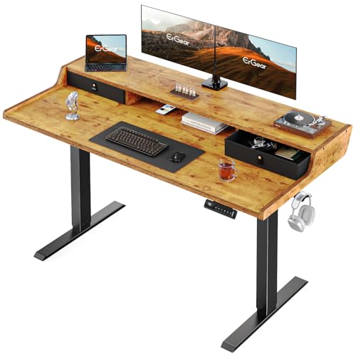 ErGear Electric Standing Desk with Drawers, 48″ x 24″ Gaming Table Compatible Monitor Stand, Stand up Desks, Home Office Height-Adjustable Desk with Storage Shelf, 4 Preset Heights, Vintage Brown - color: Vintage Brown, size: 48" X 24"