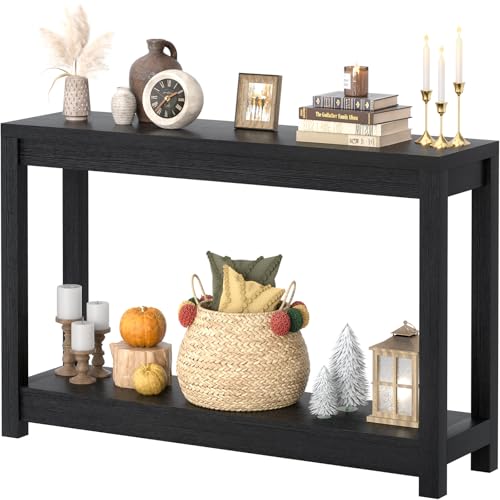 Besiost 47" Farmhouse Wood Entryway Table Narrow Console Table with Storage Behind Couch Sofa Table with Shelves for Entry Way with Open Storage, Easy Assembly, Embossed Wood Grain Black - color: Embossed Wood Grain Black, size: 47"(L)*31.3(H)
