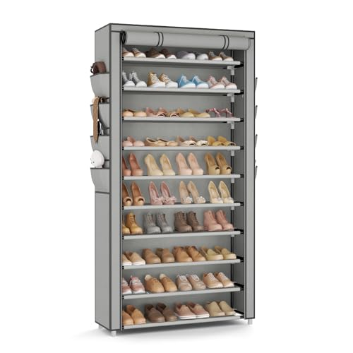 VTRIN Tall Shoe Rack with Cover, 10 Tier Shoe Organizer Storage for 50-55 Pairs Shoes and Boots Large Capacity Shoe Shelf with 8 Pockets Free Standing Shoe Rack for Closet, Entryway, Garage, Grey - color: Grey, size: 33.8"W - 10 Tier