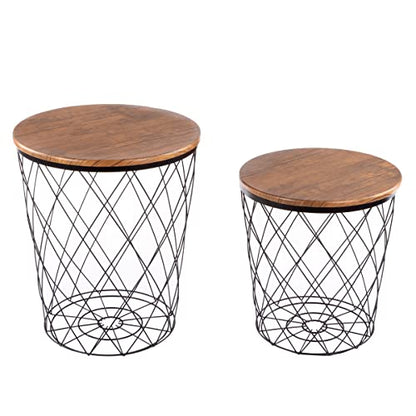 Lavish Home End Tables - Round Nesting Tables Set of 2, Brown Woodgrain | 17.5”/15.5” Side Tables with Removable Wood Tops & Metal Basket Bases for Blanket Storage, Living Room, Bedroom & Home Office - color: Black Diamond