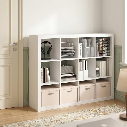 12-Cube Reversible Bookcase, Cube Storage Organizer with Open Back Bookshelf, 2-Inch Super Thick Frame Book Shelf, 15.4 x 58 x 44, for Bedroom, Home Office, Living Room, White - size: 12 Cube