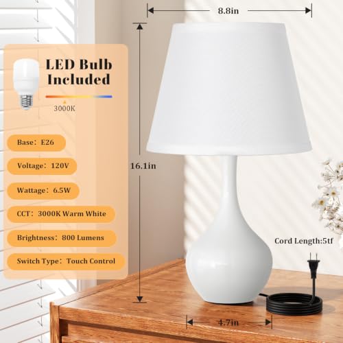 Seealle Touch Table Lamps for Bedroom Set of 2,3-Way Dimmable Small Bedside Lamps for Night Stands with Wires, White Desk Lamps for Kids Room,Office,Living Room, End Table(LED Bulbs Included) - color: K. WhiteShade & White Base