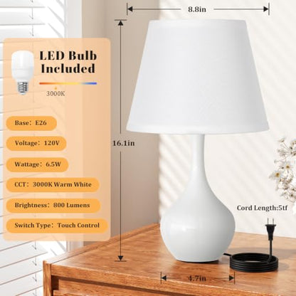 Seealle Touch Table Lamps for Bedroom Set of 2,3-Way Dimmable Small Bedside Lamps for Night Stands with Wires, White Desk Lamps for Kids Room,Office,Living Room, End Table(LED Bulbs Included) - color: K. WhiteShade & White Base