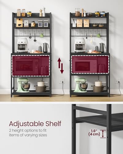 VASAGLE Bakers Rack with Power Outlet, Microwave Stand, Kitchen Tall Utility Storage Shelf, with Metal Wire Panel, 14 Hooks, 15.7 x 31.5 x 66.9 Inches, Charcoal Gray and Ink Black UKKS025B22 - color: Charcoal Gray + Ink Black, size: 31.5"W