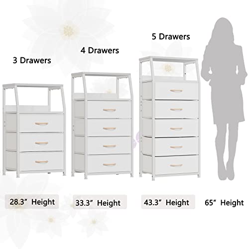 Furnulem White Nightstand with 3 Drawers and 2-Tier Shelf, Small Night Stand End Table Side Furniture, Fabric Storage Organizer for Bedroom, Closet, Hallway, Nursery, Sturdy Steel Frame, Wood Top - color: White, style: 3 Drawers