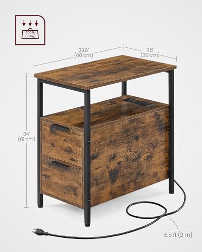 VASAGLE Side End Table with Charging Station, Slim Nightstand with 2 Drawers, Narrow Bedside Table for Living Room, Small Spaces, Rustic Brown and Ink Black ULET321B01V1S - color: Rustic Brown + Ink Black, size: 23.6"D x 11.8"W