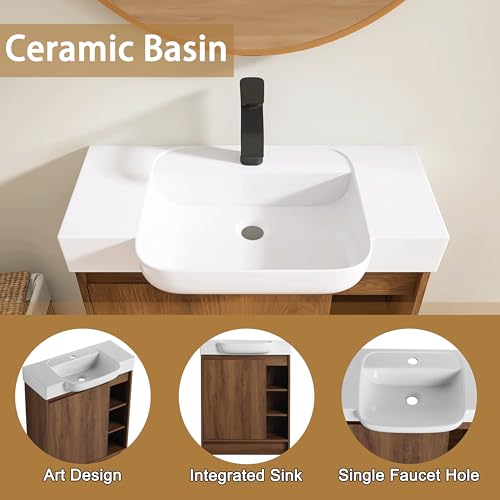 28" Freestanding Bathroom Vanity with Sink, 28 Inch Floor Stand Vanity for Small Bathrooms, Soft-Close Door Cabinet with White Ceramic Basin & Waterproof Plywood, Brown
