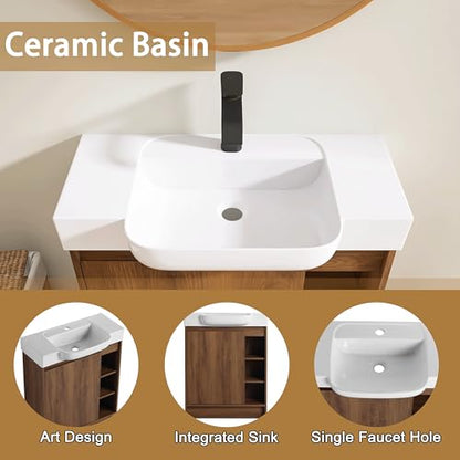 28" Freestanding Bathroom Vanity with Sink, 28 Inch Floor Stand Vanity for Small Bathrooms, Soft-Close Door Cabinet with White Ceramic Basin & Waterproof Plywood, Brown