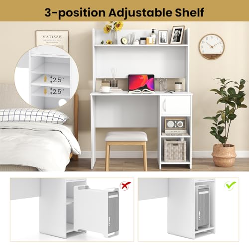 Giantex White Desk with Hutch, Small Computer Desk with Bookshelf & Adjustable Shelf, 2 Cable Holes, Modern Laptop PC Computer Workstation, Study Writing Desk for Small Spaces, Bedroom, Home Office - color: White