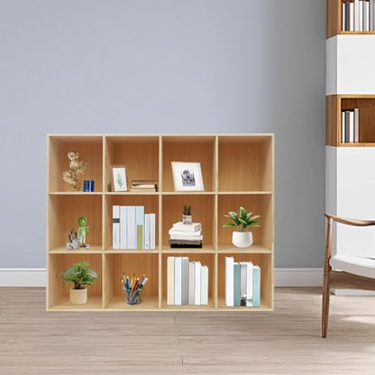12-Cube Solid Wood Bookcase - Vertical/Horizontal Storage Organizer - 3-Tier 12-Compartment Display Cabinet & TV Stand for Living Room, Office - Easy Assembly Modern Farmhouse Style