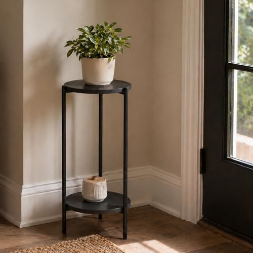 Furinno BESI Plant Stand Indoor, 2-Tier Round Plant Shelf, Metal Flower Pot Plant Stand, Balcony, Patio, Garden, Americano - color: Americano