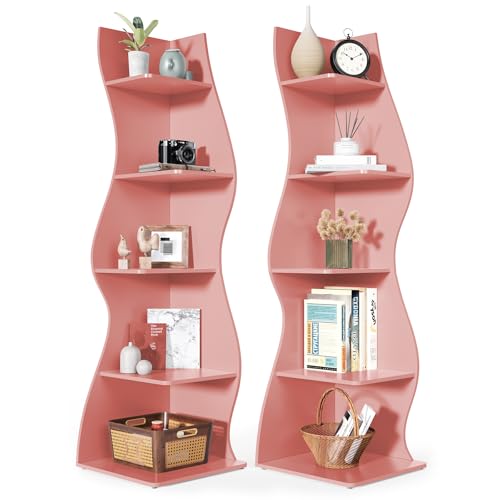 LITTLE TREE 70-Inch Corner Shelf, Seaweed Shaped Etagere Display Bookshelf, Freestanding 5-Tier Wall Shelves for Small Spaces, Living Room, Bedroom, Pink, 2 Pack - color: Pink, size: 2 Pack
