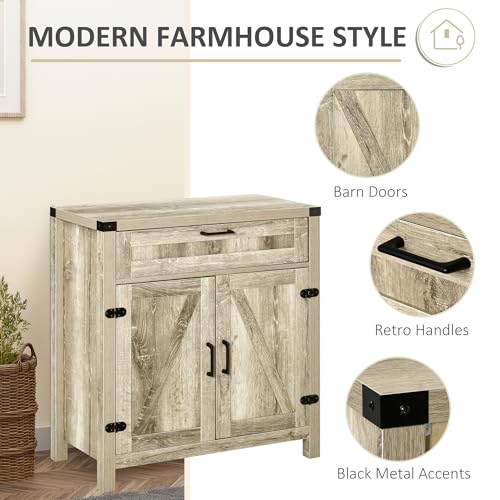 HOMCOM Sideboard, Storage Drawer, Coffee Bar Cabinet, Oak | Kitchen Cabinet, 2 Barn Doors, Modern Farmhouse - color: Oak