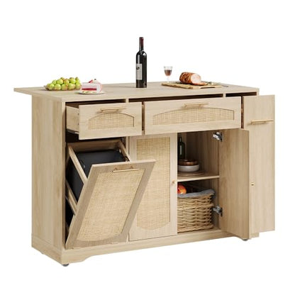 IDEALHOUSE 53.1" Rattan Kitchen Island with Storage, Rolling Dining Cart with Trash Storage Cabinet, Mobile Island Cart with Drop Leaf, Adjustable Shelves, Drawer, 5 Wheels (Natural) - color: Natural