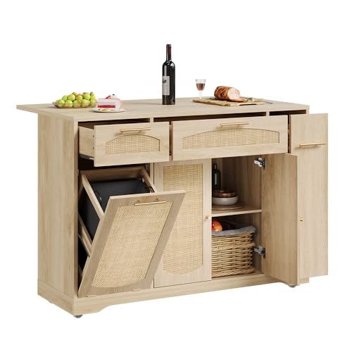 IDEALHOUSE 53.1" Rattan Kitchen Island with Storage, Rolling Dining Cart with Trash Storage Cabinet, Mobile Island Cart with Drop Leaf, Adjustable Shelves, Drawer, 5 Wheels (Natural) - color: Natural