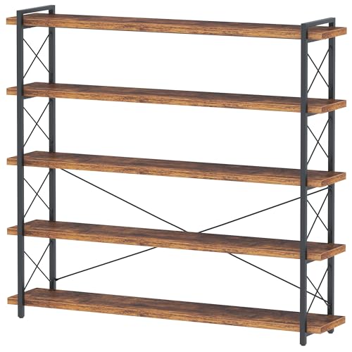 HCHQHS Large Bookshelf, 5-Tier Long Industrial Bookcase, Rustic Brown Book Shelf, Freestanding Horizontal Bookshelves with Metal Frame - color: Rustic Brown, size: 5-Tier (56.7"W x 65.7"H)