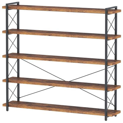 HCHQHS Large Bookshelf, 5-Tier Long Industrial Bookcase, Rustic Brown Book Shelf, Freestanding Horizontal Bookshelves with Metal Frame - color: Rustic Brown, size: 5-Tier (56.7"W x 65.7"H)
