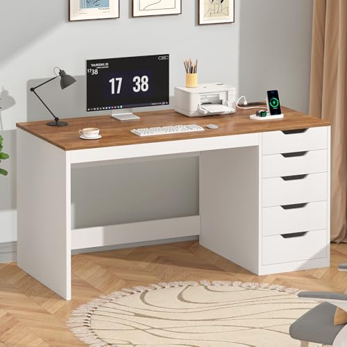 YOMILUVE 47 Inch Computer Desk with 5 Drawers and Power Outlets, Home Office Desks with Storage File Cabinet, Modern Simple Laptop Desk Writing Table for Small Spaces, Brown and White - color: Brown and White