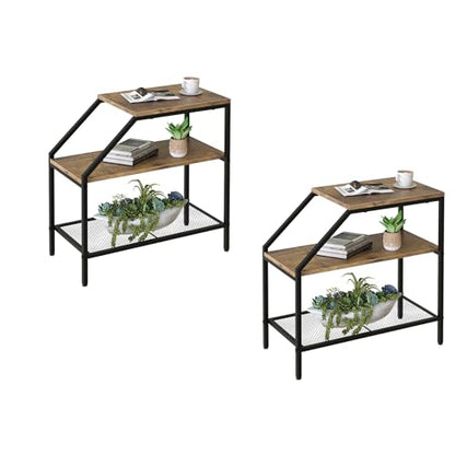 Wolawu End Table 3 Tiers 2pcs Wood Nightstand with Storage Ladder Shelf,Industrial Sofa Side Table for Small Space, Modern Trapezoid Plant Stand in Living Room Bedroom,Gold Metal Frame - color: Brown