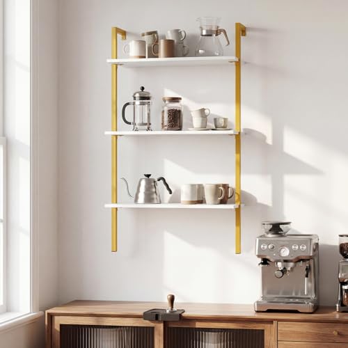 Giantex Ladder Shelf, 3-Tier Wood Wall Mounted Bookshelf with Metal Frame, Modern Open Storage Rack and Display Shelves, Wooden Floating Shelving Unit for Living Room, Home Office (Gold+White)