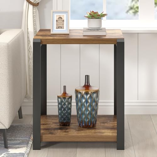 EXCEFUR End Table with Storage Shelf, Modern Side Table for Living Room, Wood and Metal Bedside Table Nightstand, Rustic Brown - color: Rustic Brown