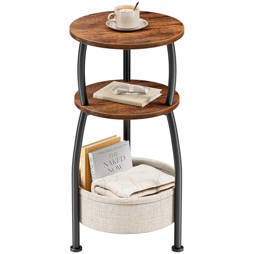 Round Side Table for Small Spaces with Storage Basket –Small End Table 3-Tier Night Stand Sofa Corner Table for Living Room, Bedroom, Patio and More 24in Tall Rustic Brown - color: Rustic Brown, size: 11.81" Dia