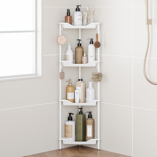 Orimade Rustproof 4 Tier Floor Standing Corner Shower Caddy Organizer, Plastic Aluminum Splicing Floor Corner Shelf Rack Stands for Bathroom, White - color: White, size: 4 Tier