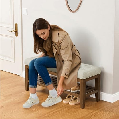 YaFiti End of Bed Storage Bench, 42.9" Entryway Shoe Bench with Solid Wood Shelf, Upholstered Ottoman with Padded Seat for Bedroom, Hallway and Living Room, Beige - color: Beige